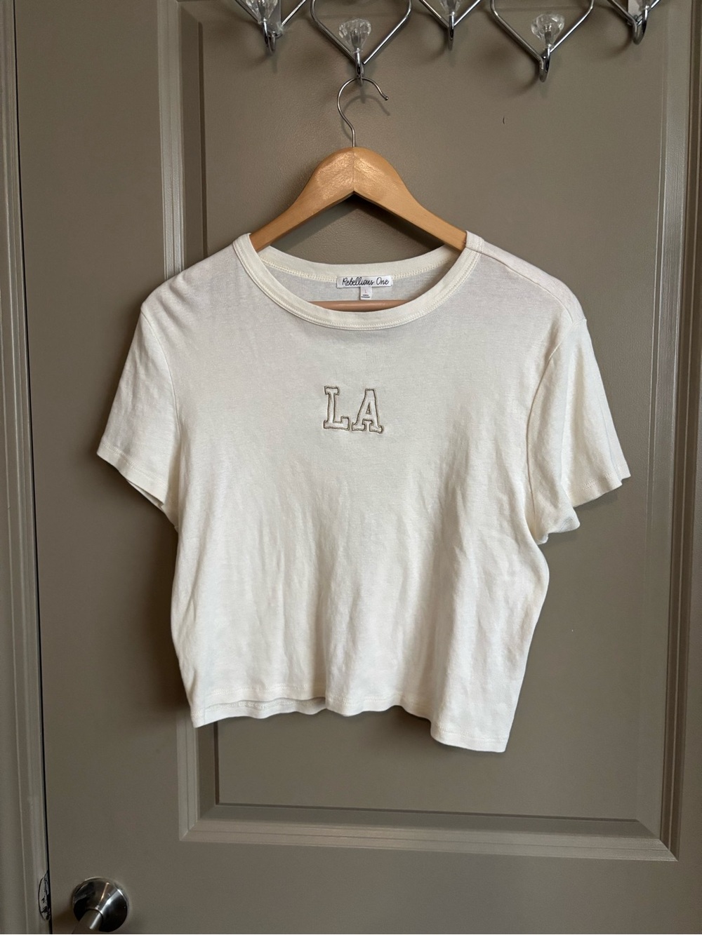 Rebellious One Cream LA Embroidered Crop Tee